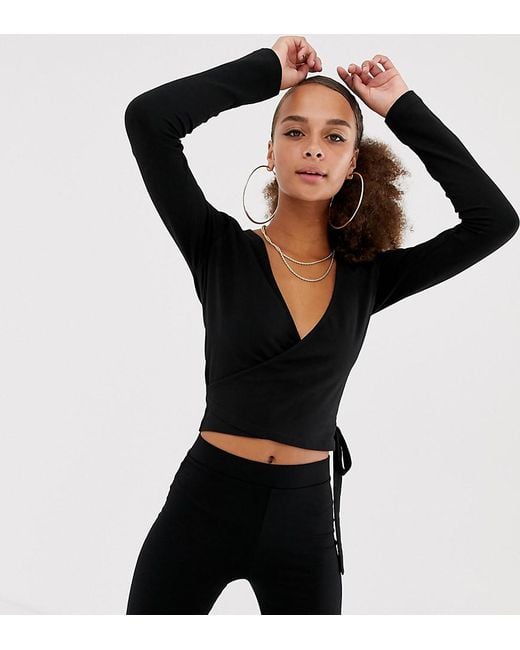 Collusion Long Sleeve Wrap Top in Black | Lyst
