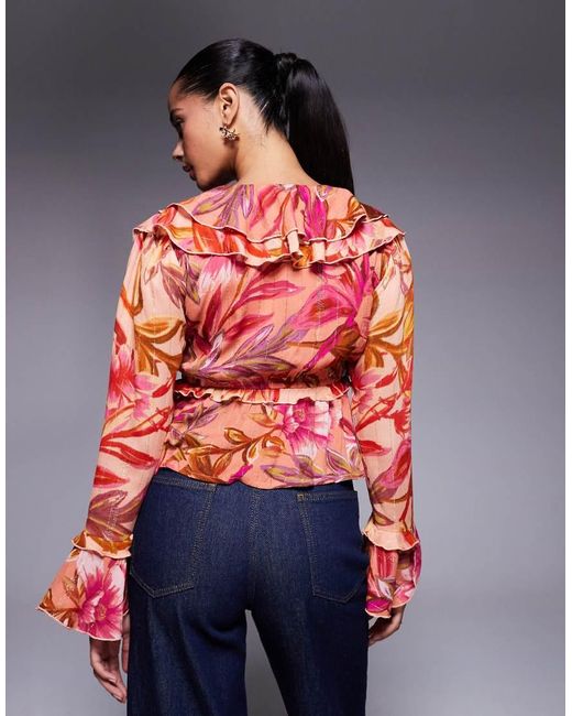 River Island Red Floral Long Sleeve Sheer Top