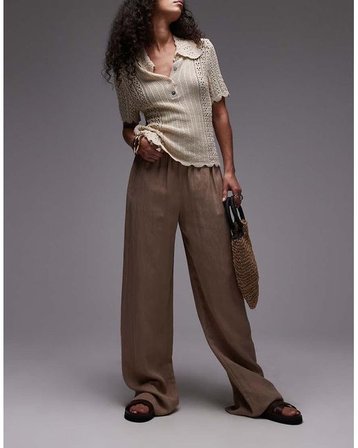 Mango Brown Crinkle Elasticated Waist Straight Leg Trouser