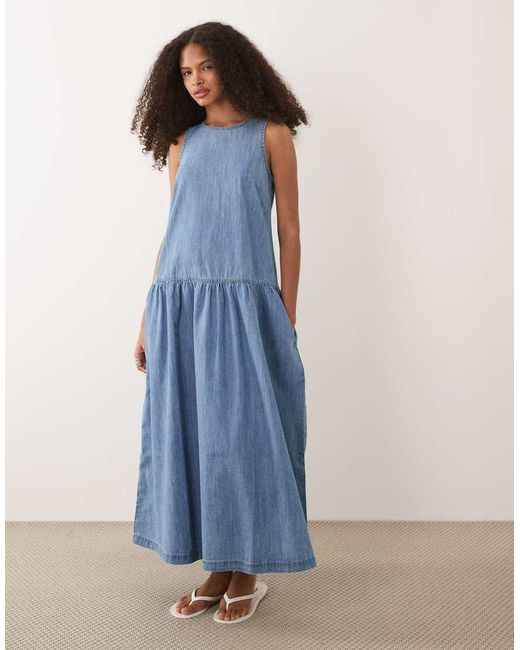 New Look Blue Drop Waist Denim Midaxi Dress
