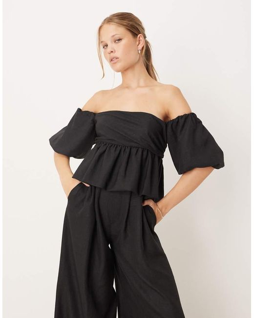 ASOS Natural Bardot Extreme Puff Sleeve Peplum Jumpsuit