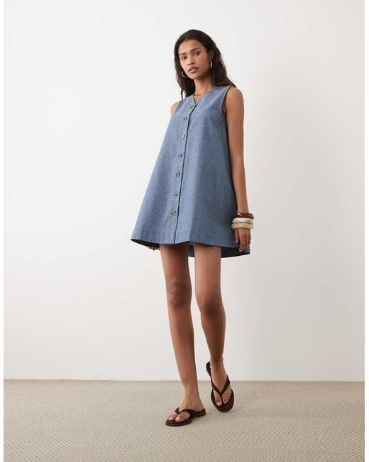 Wednesday's Girl Blue Wednesdays Girl Button Up Chambray Mini Shift Dress