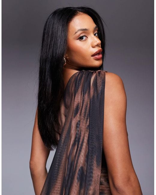 ASOS Multicolor Printed Mesh Asymmetrical Ruched Maxi Dress With Drape