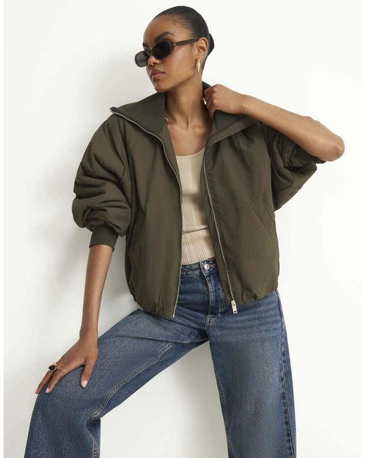 River Island Blue Funnel Neck Bubble Hem Bomber Jacket