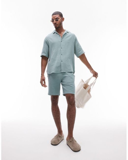 Topman – kurzärmliges hemd aus grob gewebter baumwolle in Blue für Herren