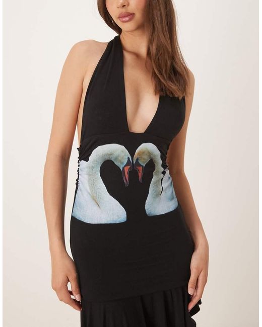 Tyler McGillivary Natural Swan Print Slinky Halter Dress