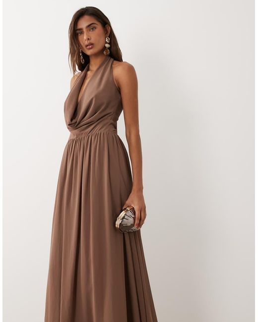 Aria Cove Brown Plunge Cowl Neck Wrap Scarf Detail Maxi Dress