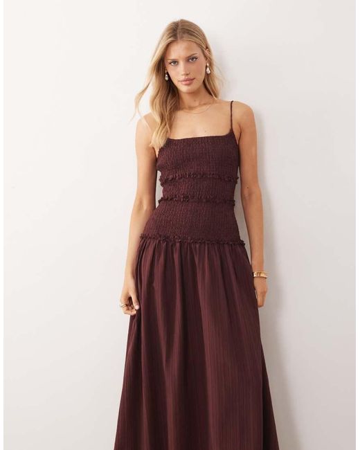 ASOS Brown Crinkle Maxi Sundress With Shirred Dropped Waist