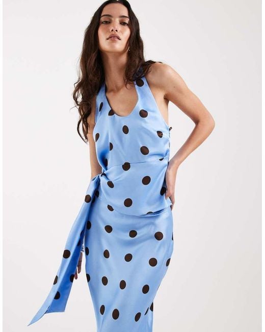 4th & Reckless Blue Satin Halterneck Drape Waist Detail Top Co-ord