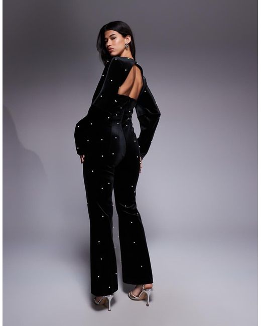 ASOS Blue Velvet Plunge Jumpsuit With Pearl Embellishment