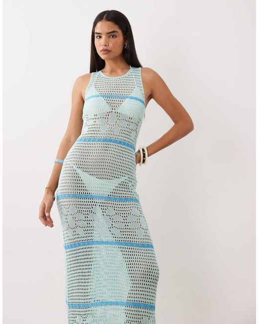 Kiwi & Co Blue Open Floral Crochet High Neck Sleeveless Maxi Beach Dress