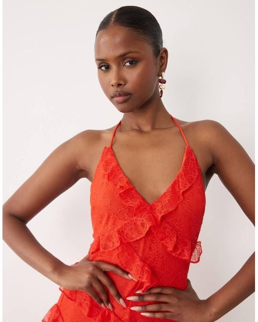 Forever New Red Halter Neck Lace Ruffle Maxi Dress