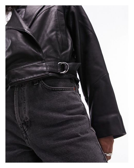 TOPSHOP Black Premium Cropped Real Leather Jacket