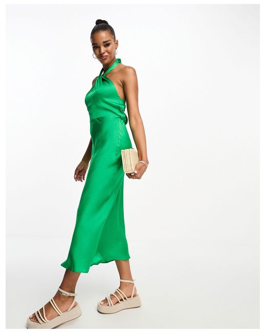 New Look Satin Twist Halter Neck Midi Dress in Green | Lyst Australia