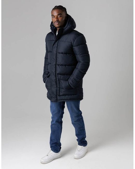 French Connection Blue Hooded Parka Longline Zip-Through Jacket for men