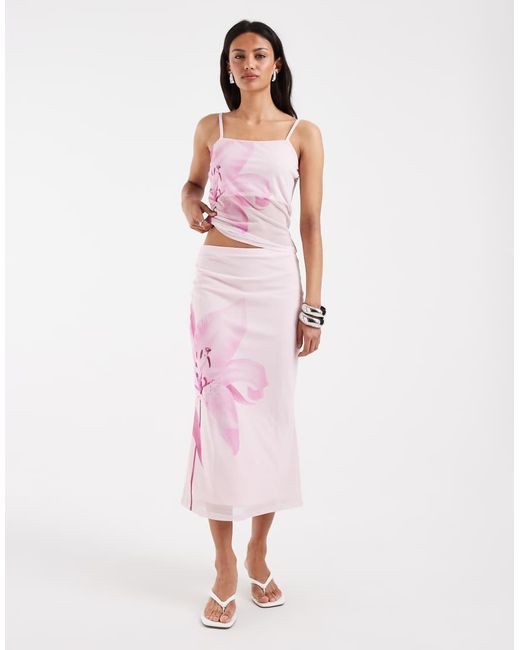 Pieces Purple Overblown Placement Floral Print Mesh Top Co-Ord