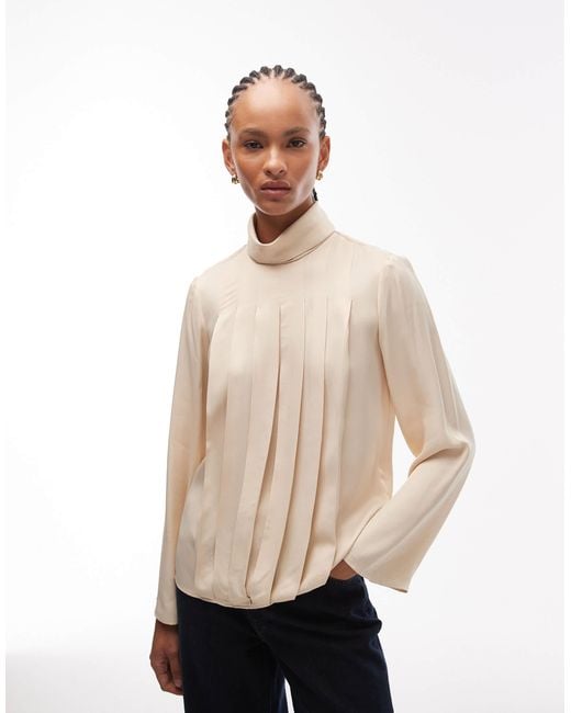 ASOS Natural Funnel Neck Satin Blouse With Pleats