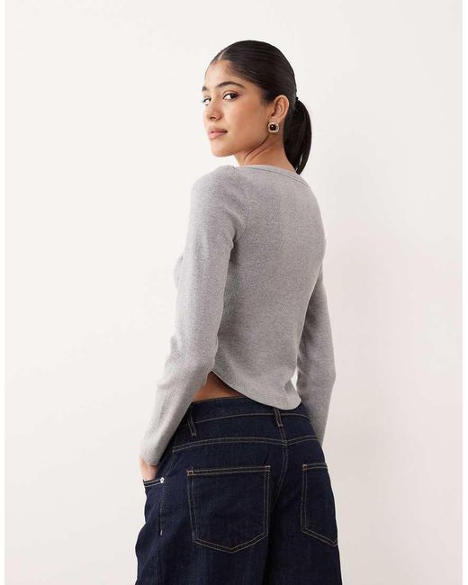 ASOS Blue Long Sleeve Slash Neck Top With Curved Hem Detail