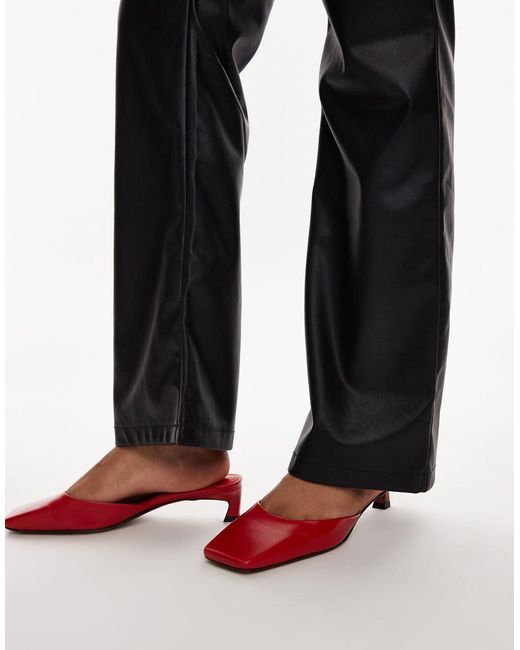 TOPSHOP Black Audrey Premium Leather Mid Heeled Square Toe Mules
