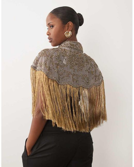 ASOS Brown Delicate Embellished Mesh Cape With Fabric Fringe
