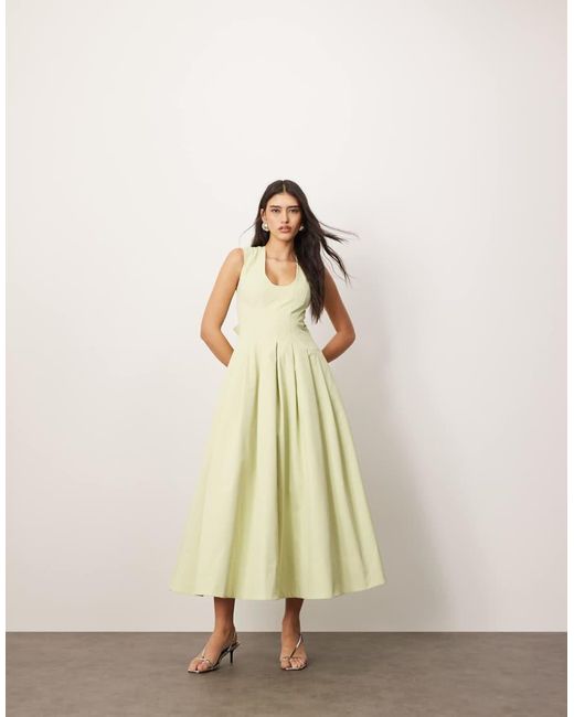 ARRANGE Natural Structured Plunge Midi Dress With Eyelet Detail