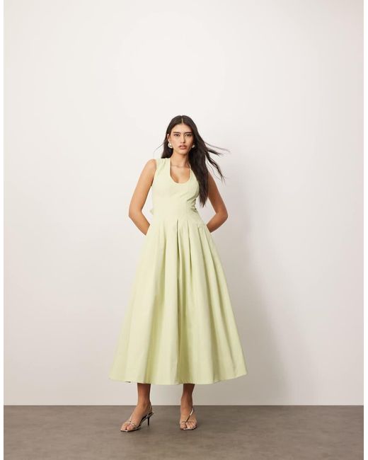 ARRANGE Natural Structured Plunge Midi Dress With Eyelet Detail