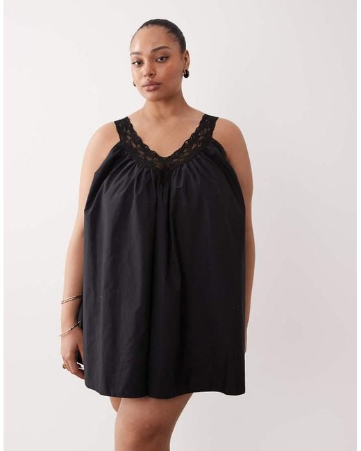ASOS Black Asos Design Curve V Neck Smock Poplin Mini Sundress With Lace Overlay