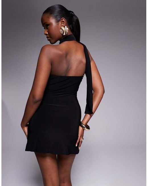 Fashionkilla Black Exclusive Slinky Double Sculpted Halterneck Scarf Detail Mini Dress