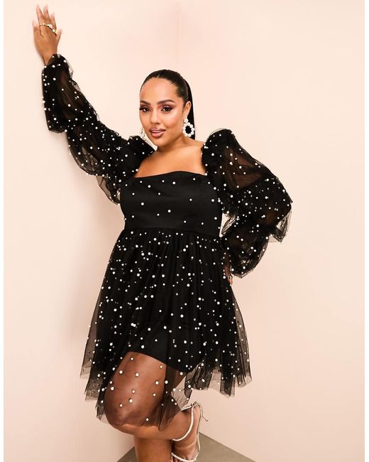 ASOS Black Curve Tulle Baby Doll Dress With Pearl Embellishment
