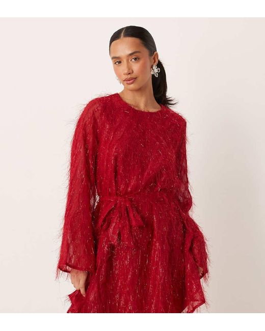 Vila Red Fluffy Textu Tie Waist Mini Dress