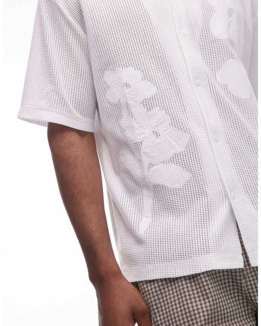 Topman White Oversized Fit Open Knit Floral Patch Button Down Polo Shirt for men