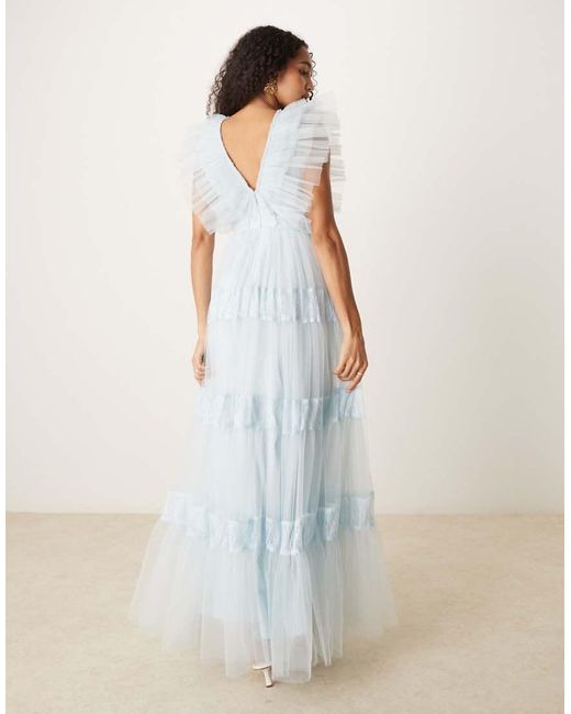 Vestido Largo De Tul Con Inserto De Encaje De LACE & BEADS de color Blue