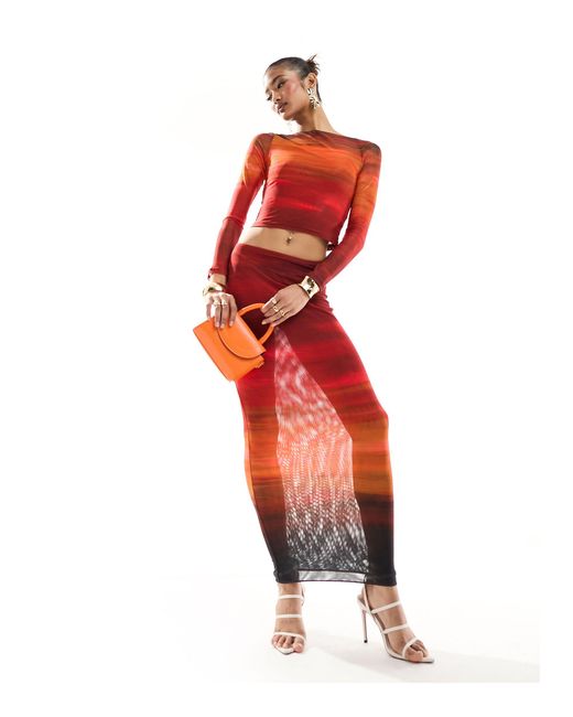 FARAI LONDON Red Cleo Mesh Long Sleeve Top And Midi Skirt Set