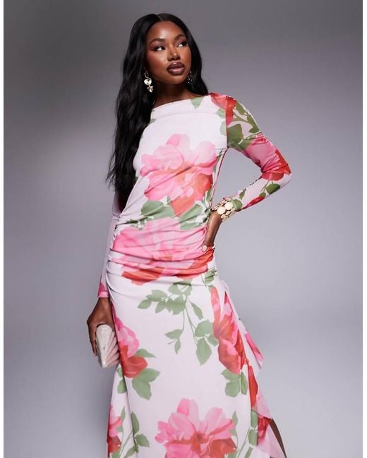 ASOS Multicolor Mesh Long Sleeve Frill Detail A Line Maxi Dress