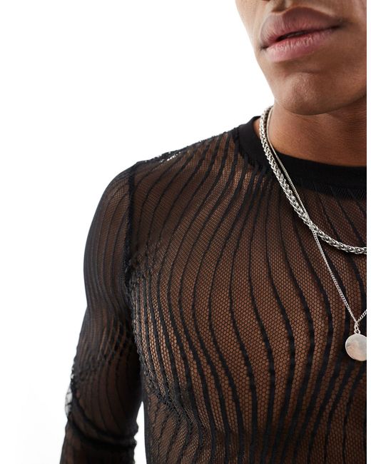 ASOS – langärmliges, körperbetontes t-shirt aus gemustertem netzstoff in Black für Herren