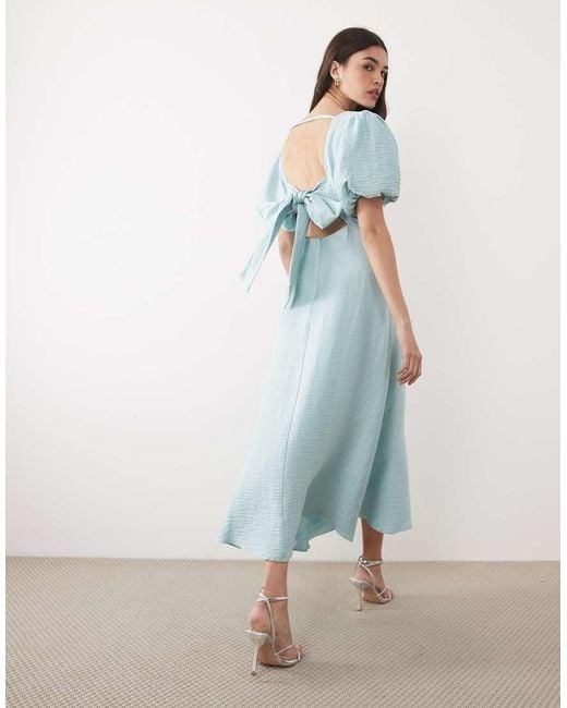 Nobody's Child Blue Zola Slash Neck Puff Sleeve Midi Dress