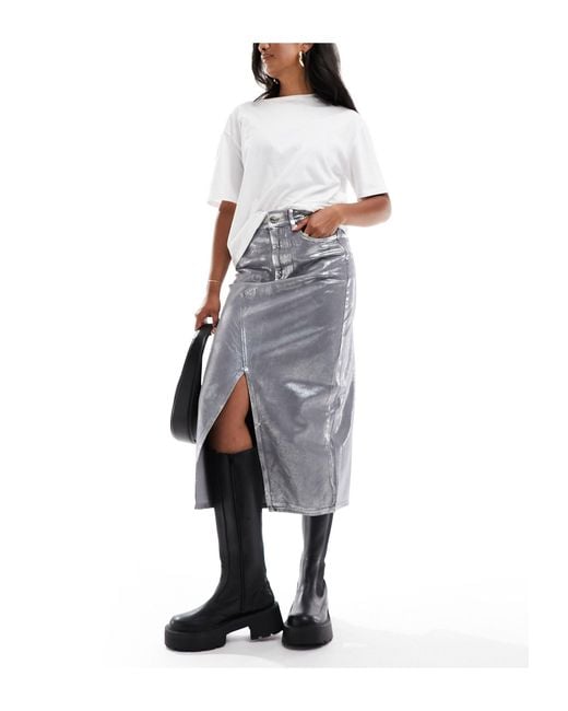 River Island White Coated Denim Midi Skirt