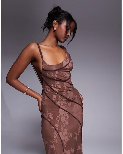 ASOS Brown Asymmetric Neckline Devore Maxi Dress With Exposed Seaming Details