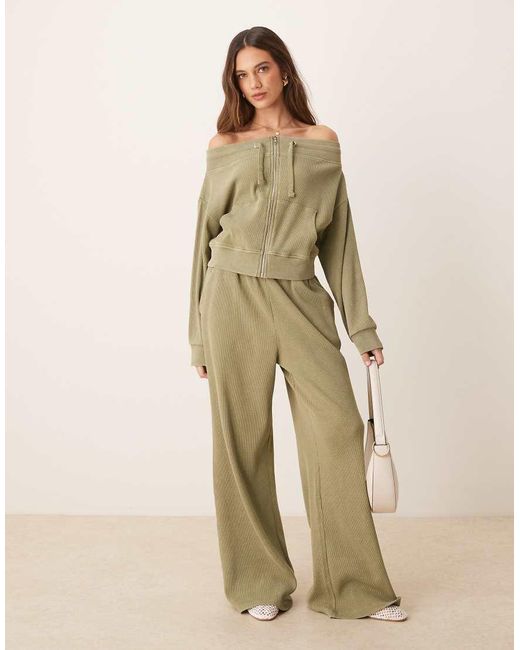 ASOS Natural Waffle Off Shoulder Zip Through Sweat