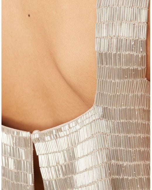 ARRANGE Natural Embellished Beaded Square Neck Boxy Crop Top