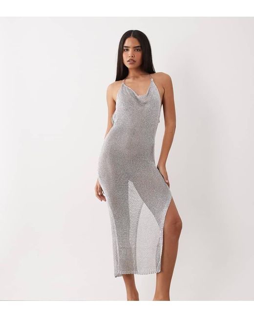 Kaiia Gray Exclusive Metallic Crochet Thigh Split Maxi Dress