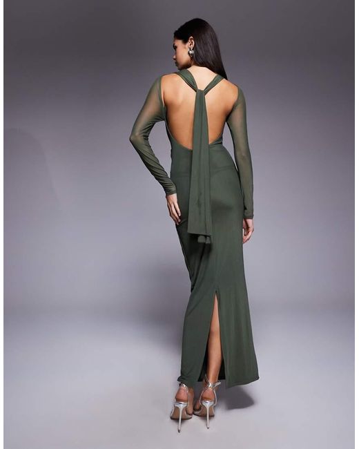 ASOS Green Mesh Long Sleeve Twist Bust Detail Halter Maxi Dress