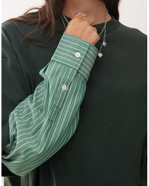 Lioness Green 2 In 1 Oversized T-shirt Overlay And Striped Long Sleeve Shirt In Dark And Stripe
