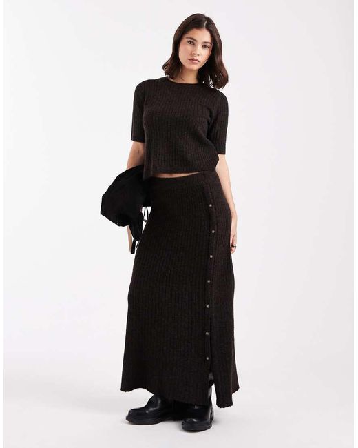 Vero Moda Black Ribbed Knit Button Side Midi Skirt