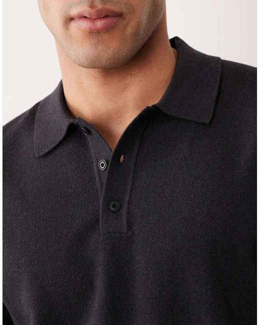 Mango Black Knitted Button Down Short Sleeve Polo Shirt for men