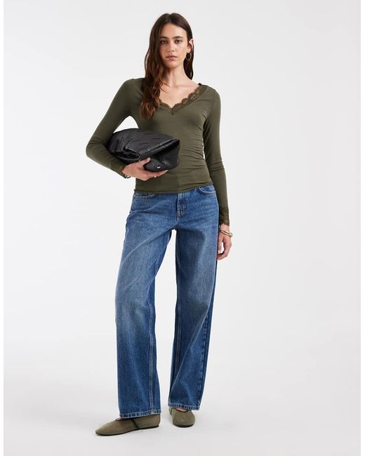 Vero Moda Brown V-neck Long Sleeve T-shirt With Lace Trim