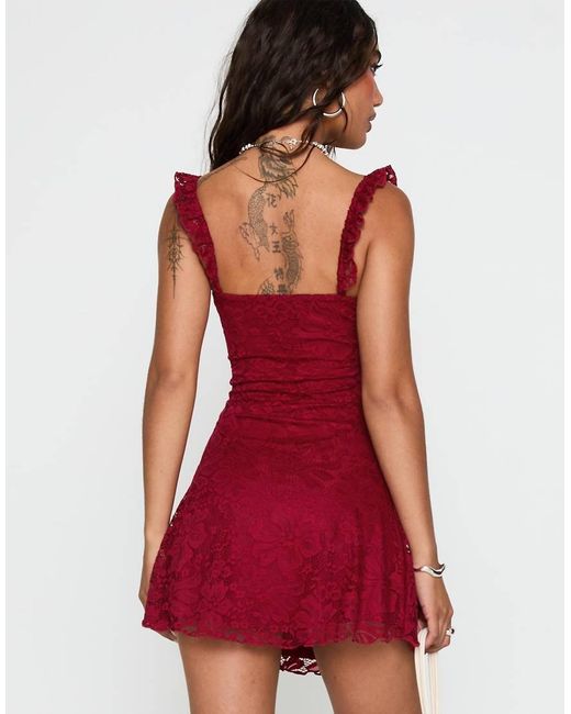 Princess Polly Red Beacall Lace Frill Strap Mini Skater Dress