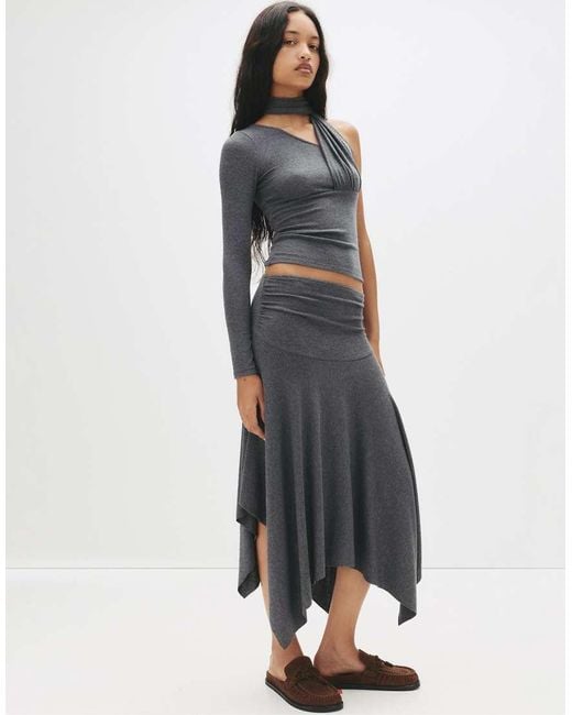 Pull&Bear Gray Soft Touch Asymmetric Midi Skirt