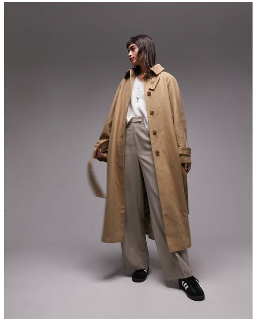 TOPSHOP Gray Longline Belted Brushed Trench Coat