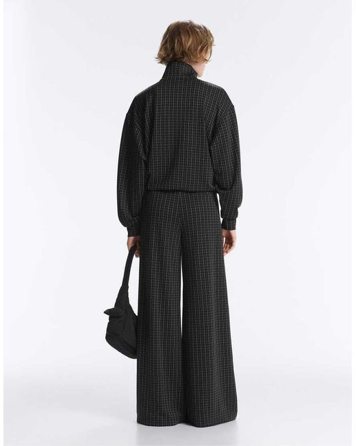 Oysho Black Check Pique Wide-leg Trousers